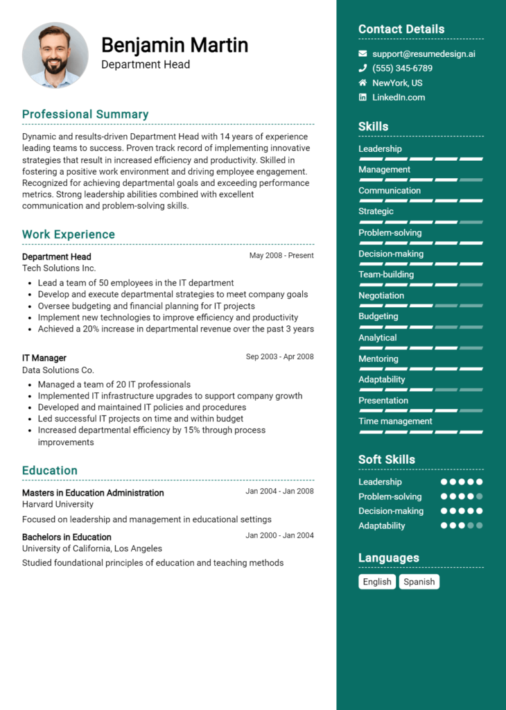 Department Head Resume Example