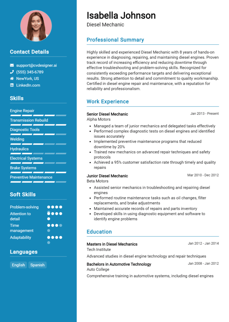 21 Diesel Mechanic Resume Examples And Templates for 2025