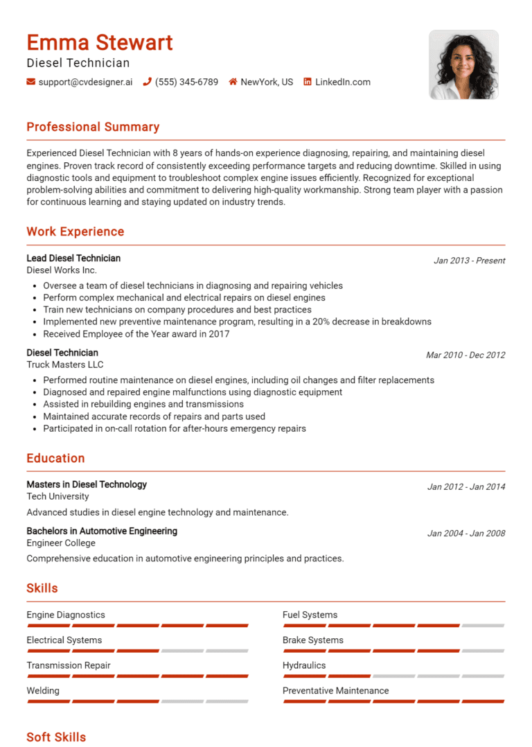 23 Diesel Technician Resume Examples And Templates for 2025