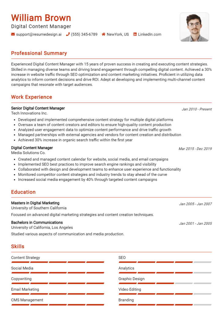 Digital Content Manager Resume Example