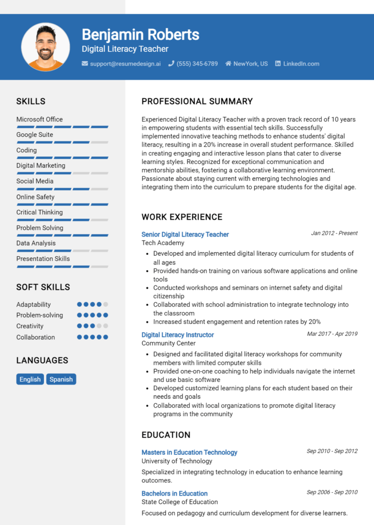 Digital Literacy Teacher Resume Example