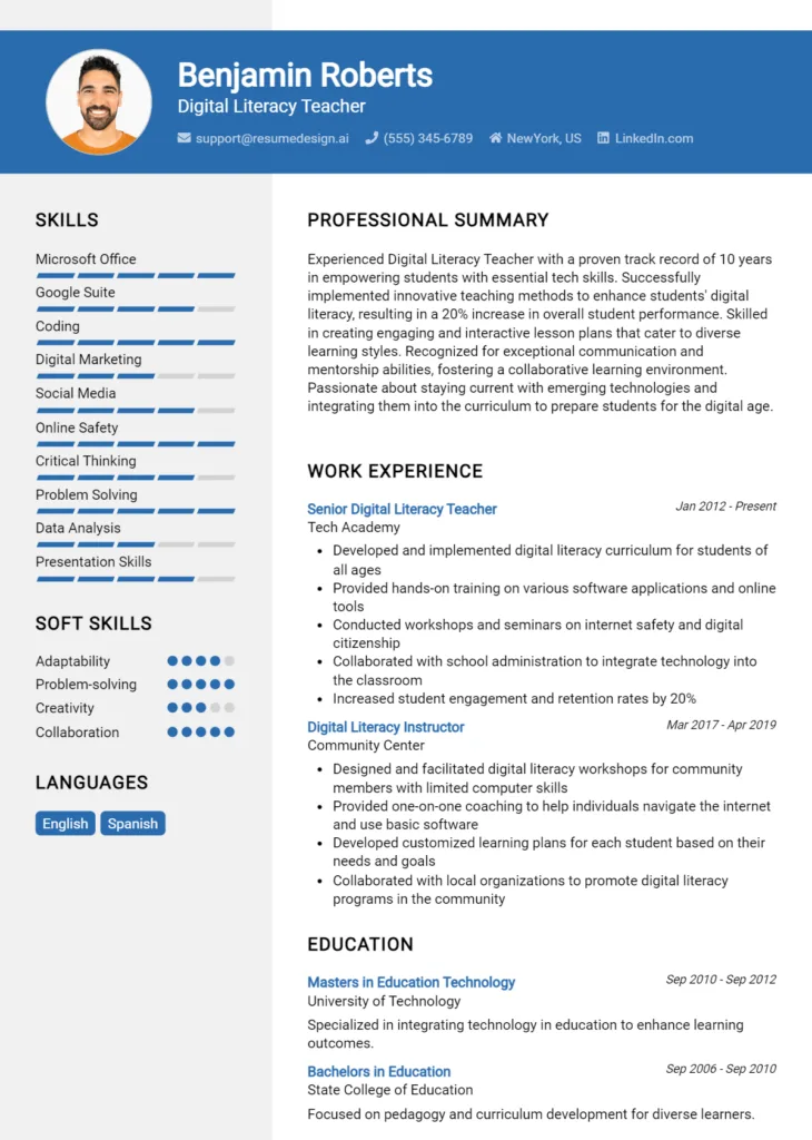 Digital Literacy Teacher Resume Example