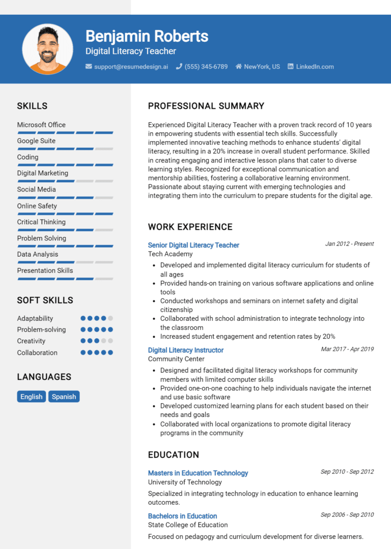 16 Digital Literacy Teacher Resume Examples And Templates for 2025: Best Tips