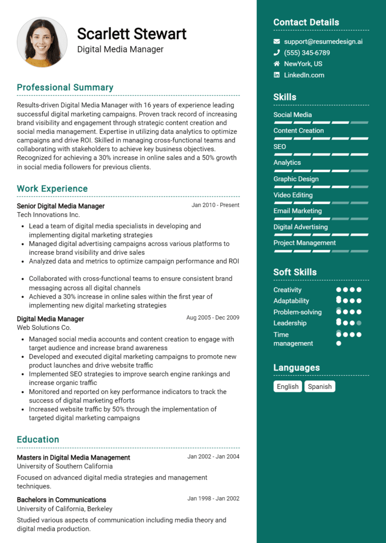 20 Digital Media Manager Resume Examples And Templates for 2025