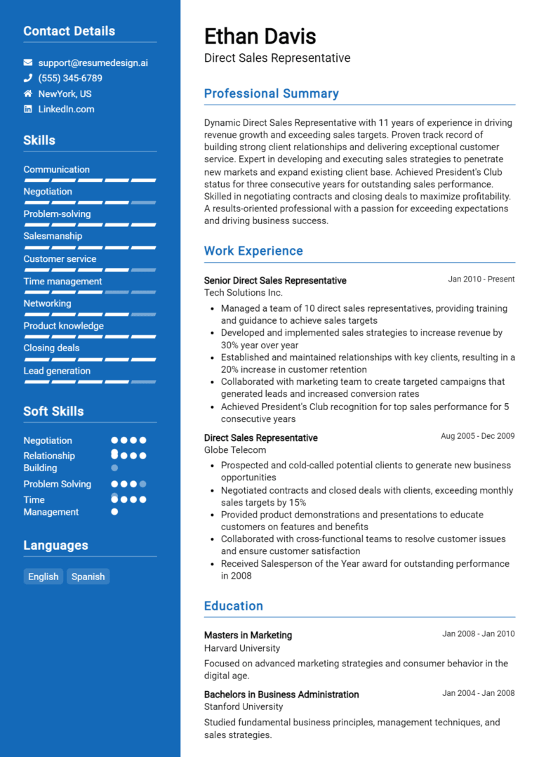 30 Direct Sales Representative Resume Examples And Templates for 2025