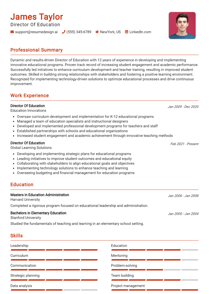 Director Of Education Resume Example