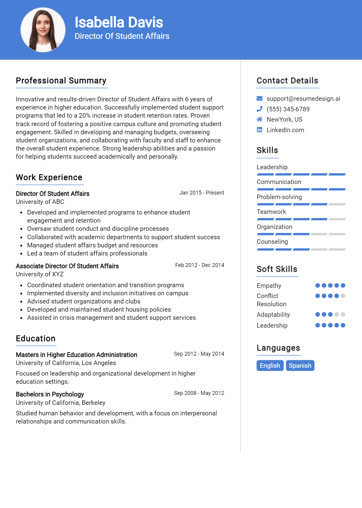 Director Of Student Affairs Resume Example