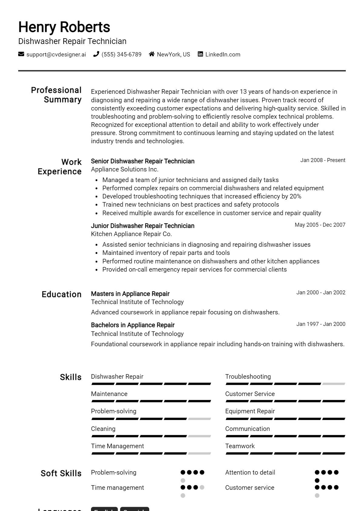 Dishwasher Repair Technician Resume Example