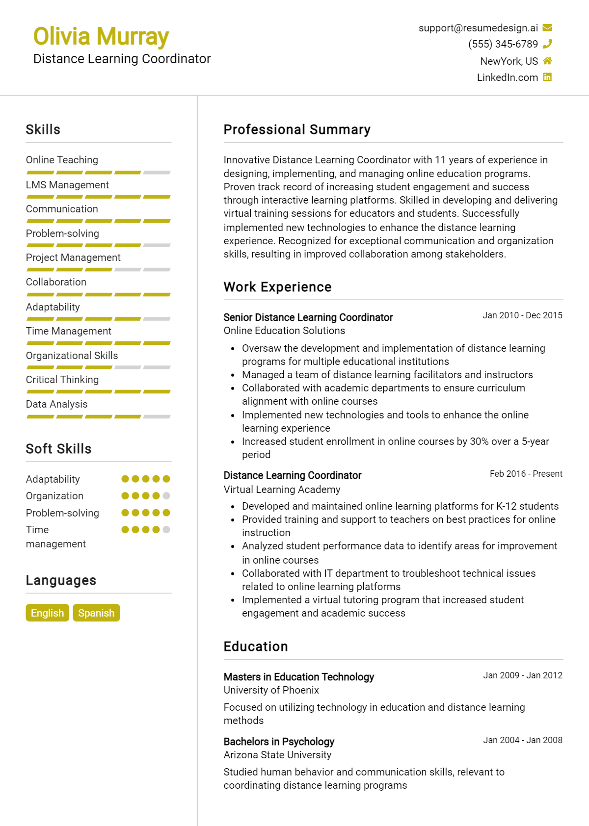 Distance Learning Coordinator Resume Example