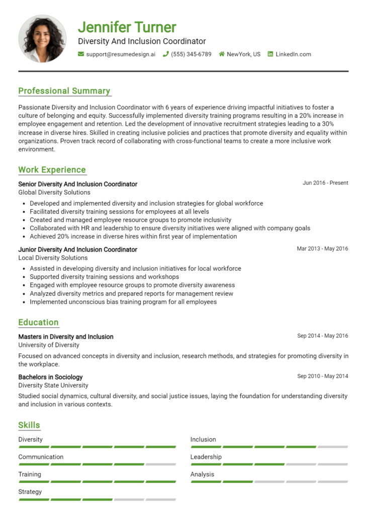 Diversity And Inclusion Coordinator Resume Example