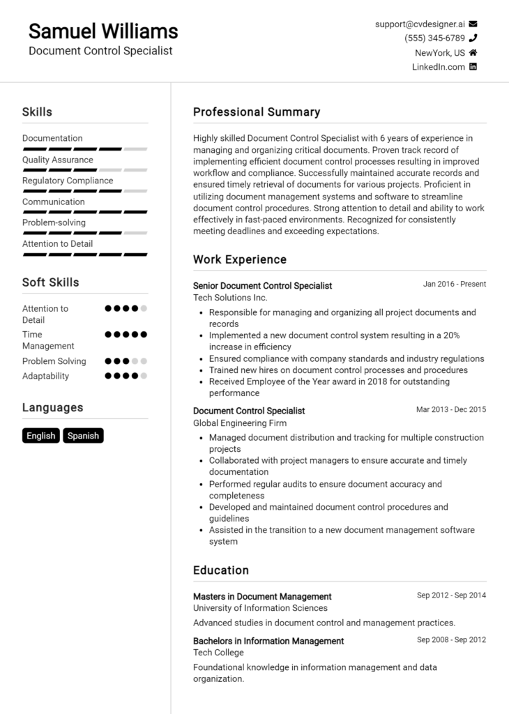 Document Control Specialist Resume Example