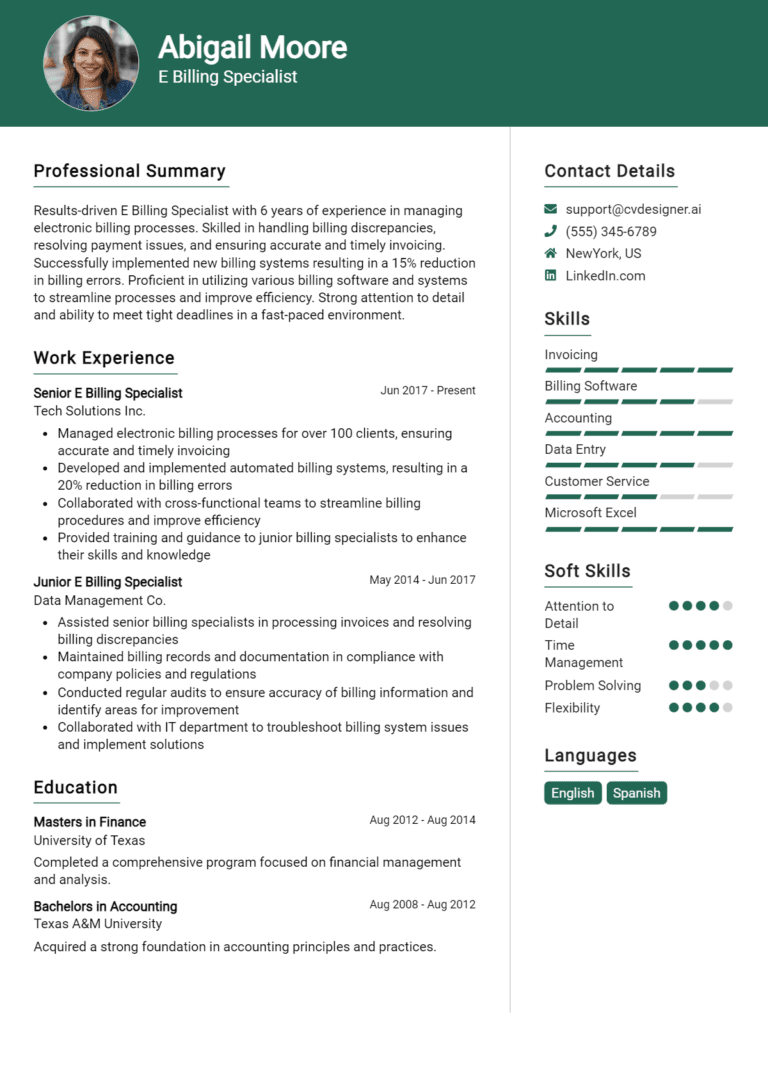13 E-billing Specialist Resume Examples And Templates for 2025 (Downloadable)