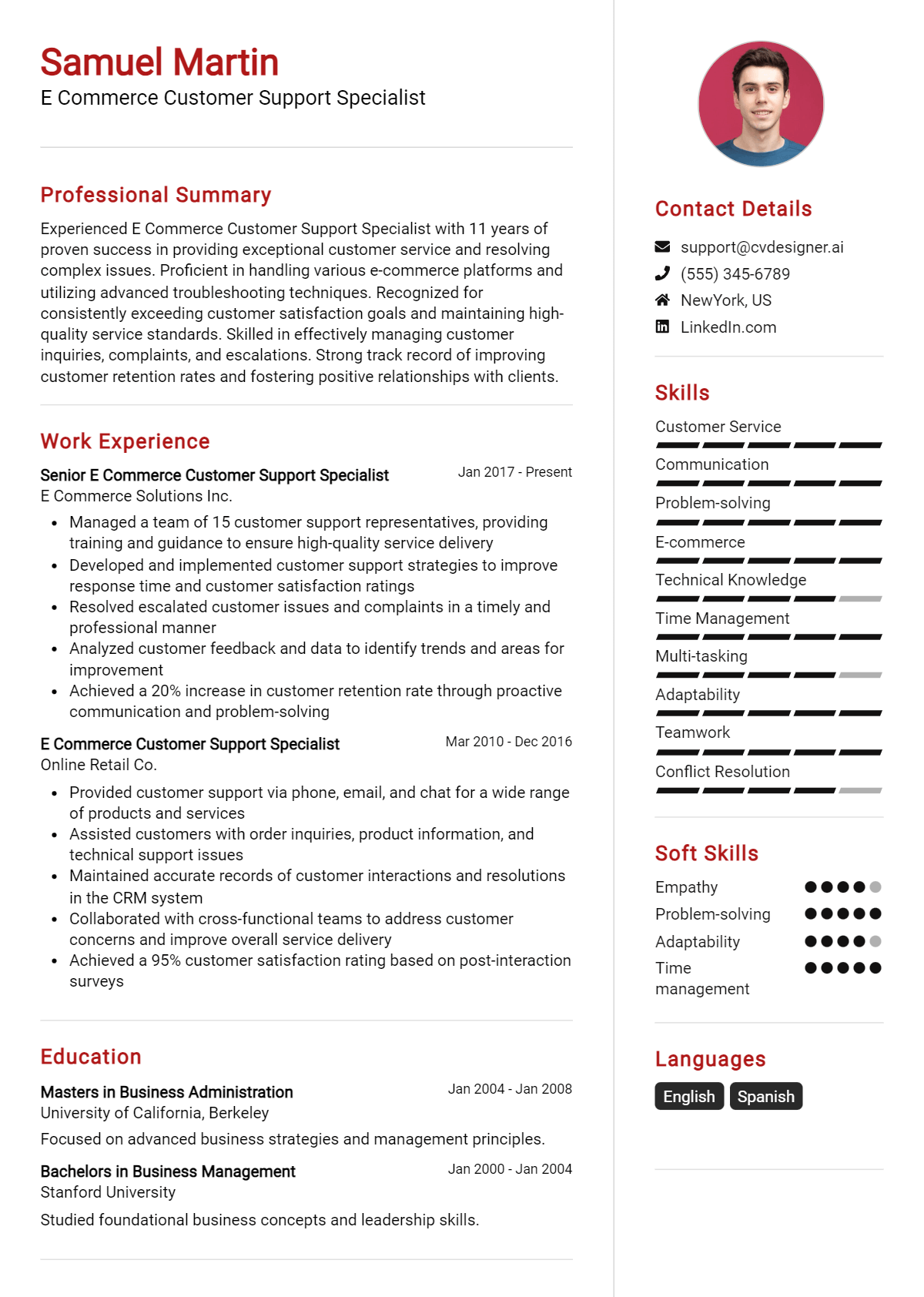 E Commerce Customer Support Specialist Resume Example