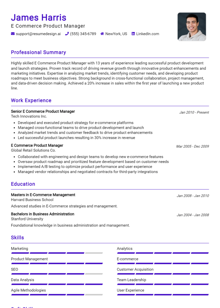 E Commerce Product Manager Resume Example