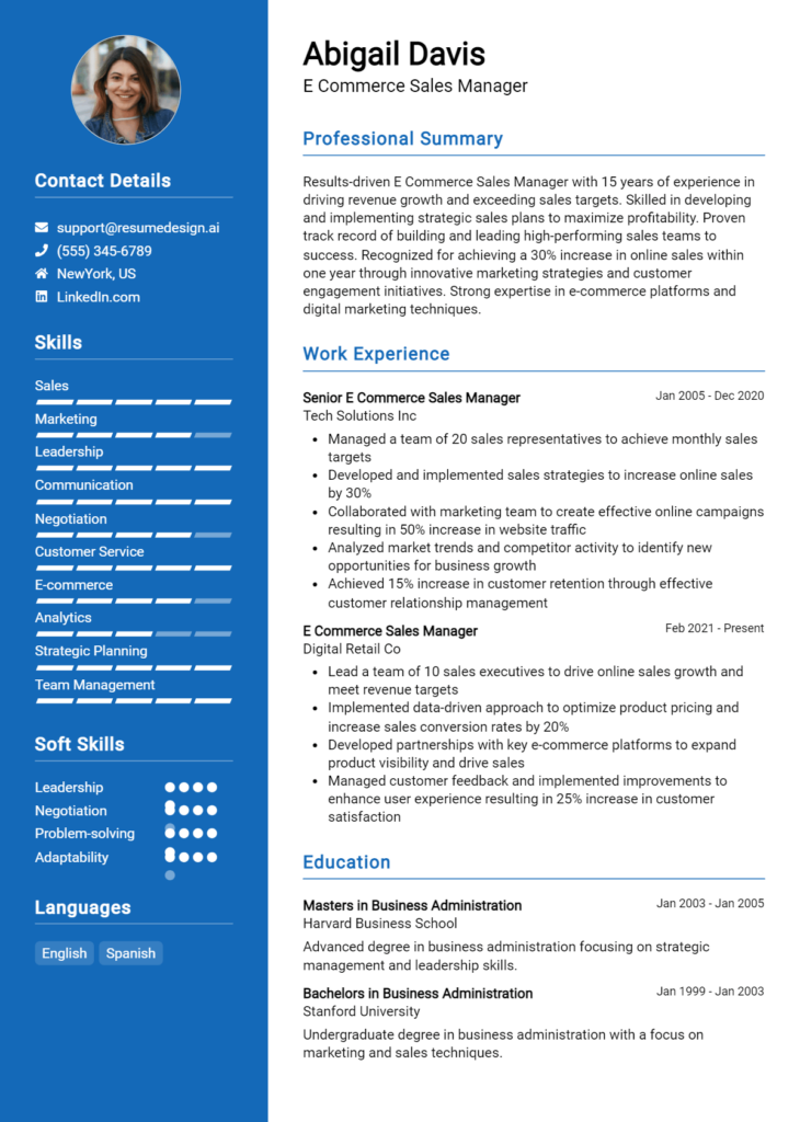 E Commerce Sales Manager Resume Example