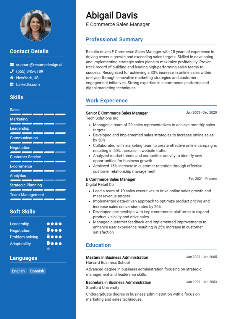 14 E-commerce Sales Manager Resume Examples And Templates for 2025: Top Tips