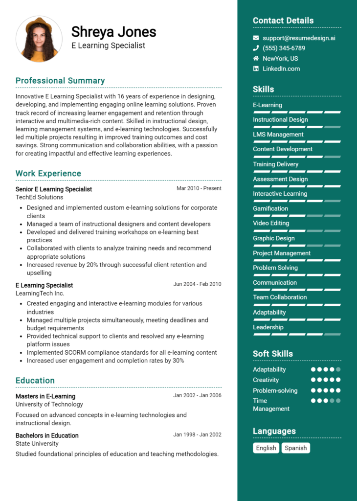 E Learning Specialist Resume Example