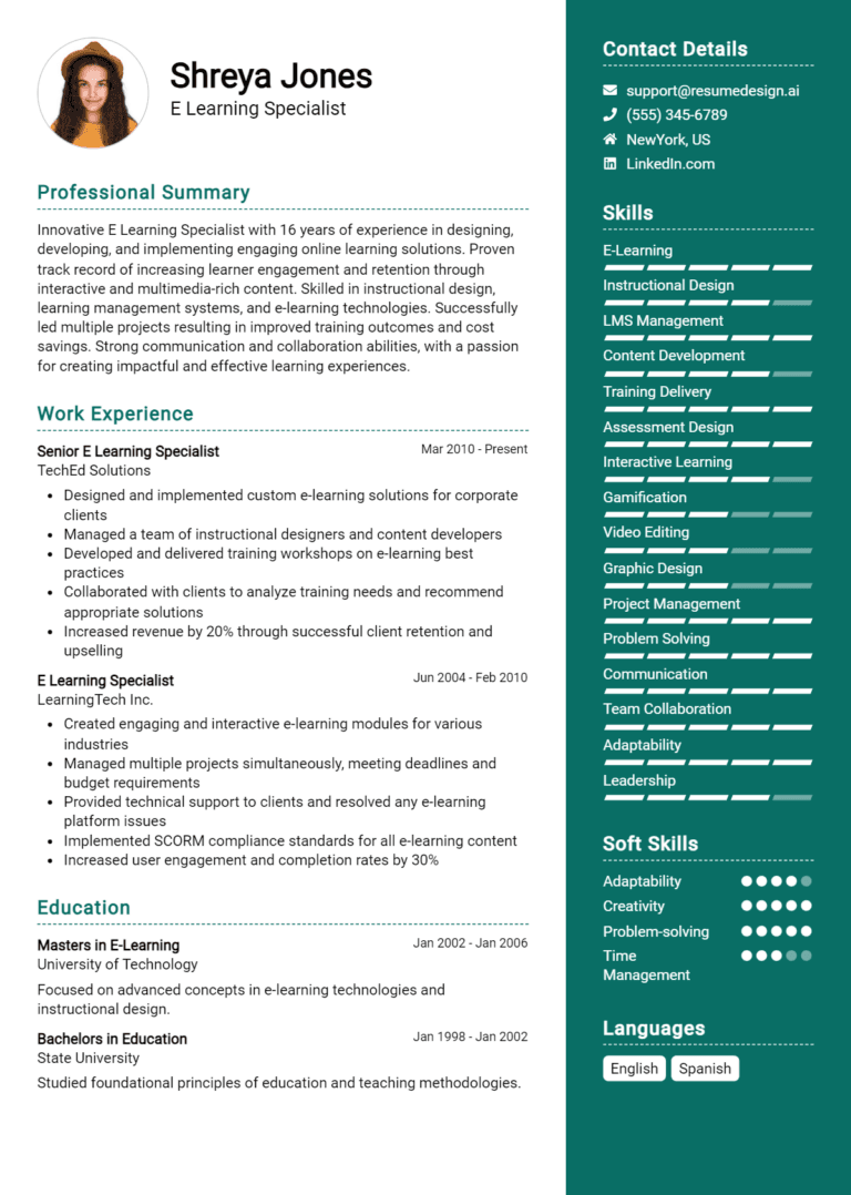 14 E-Learning Specialist Resume Examples And Templates for 2025