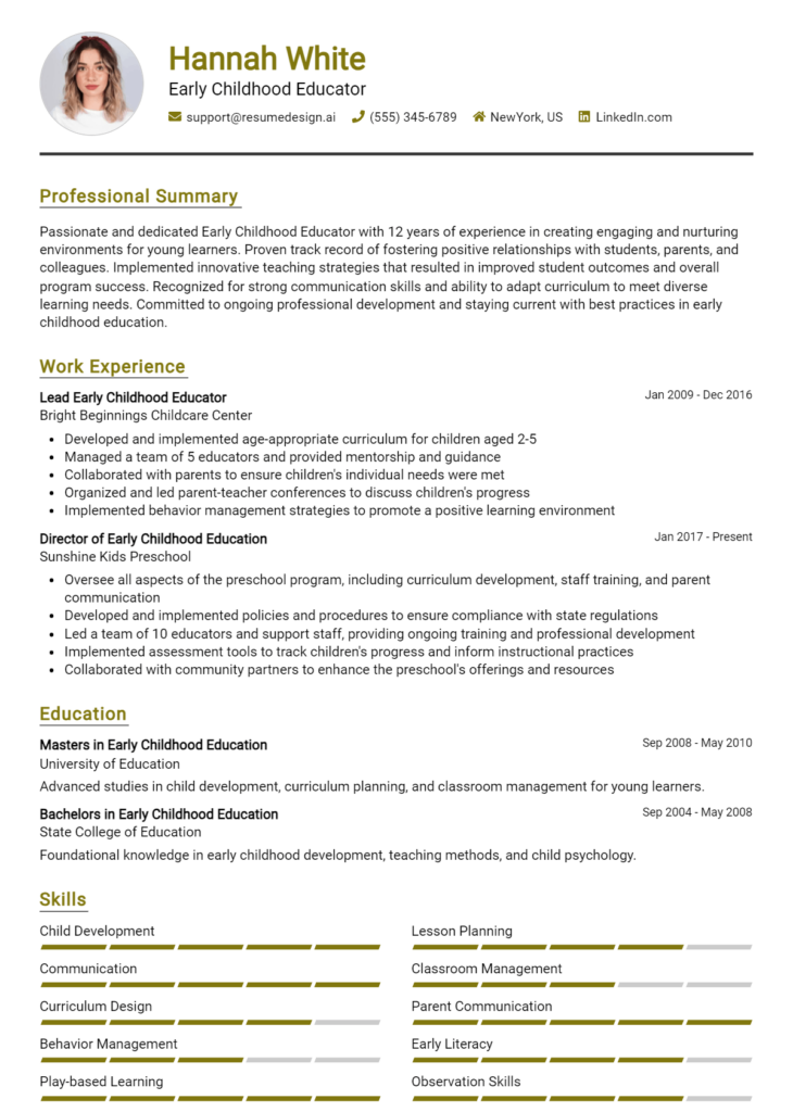 Early Childhood Educator Resume Example