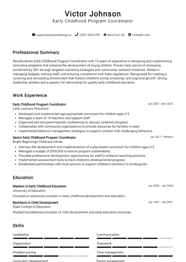 Early Childhood Program Coordinator Resume Example