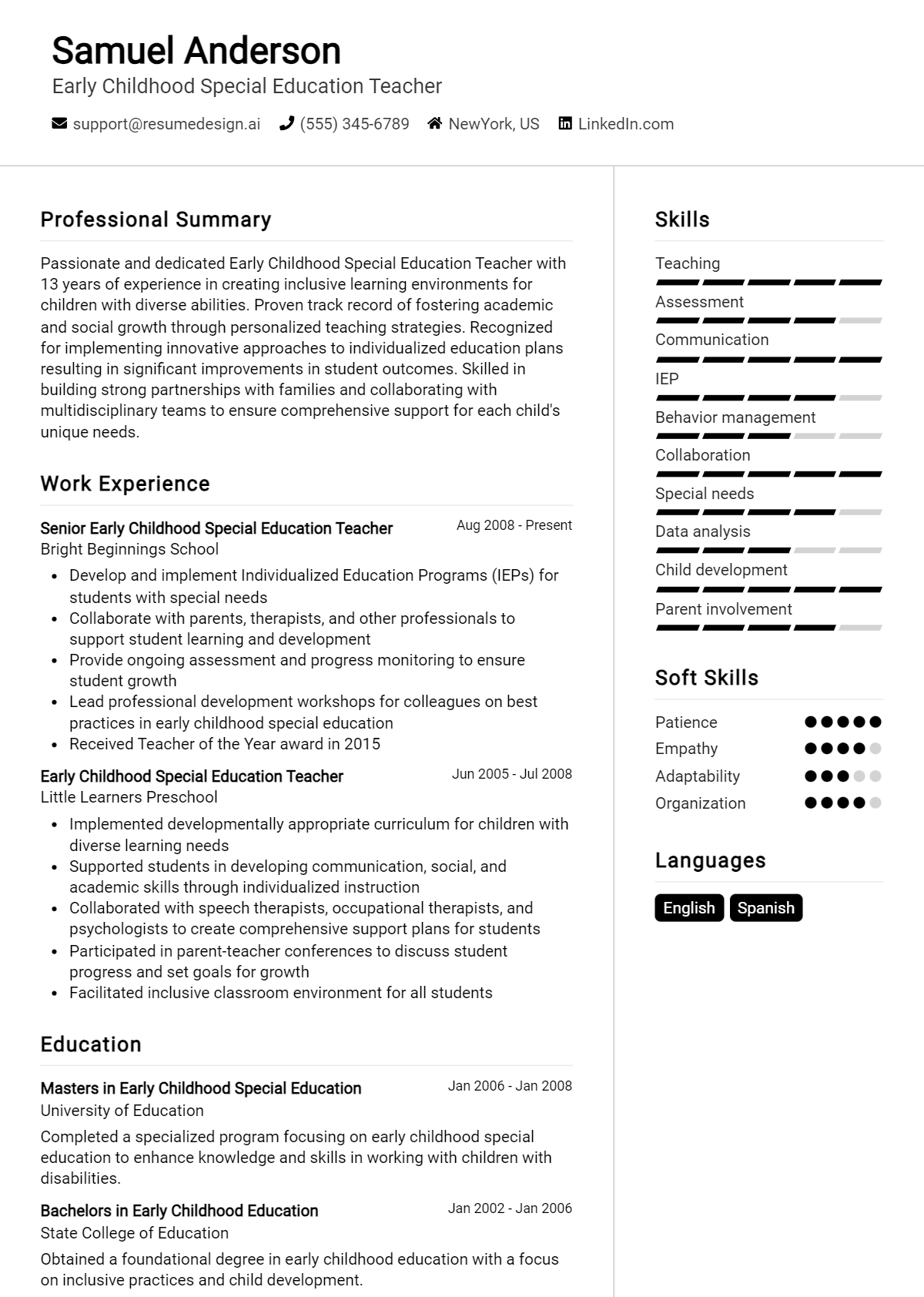 Early Childhood Special Education Teacher Resume Example