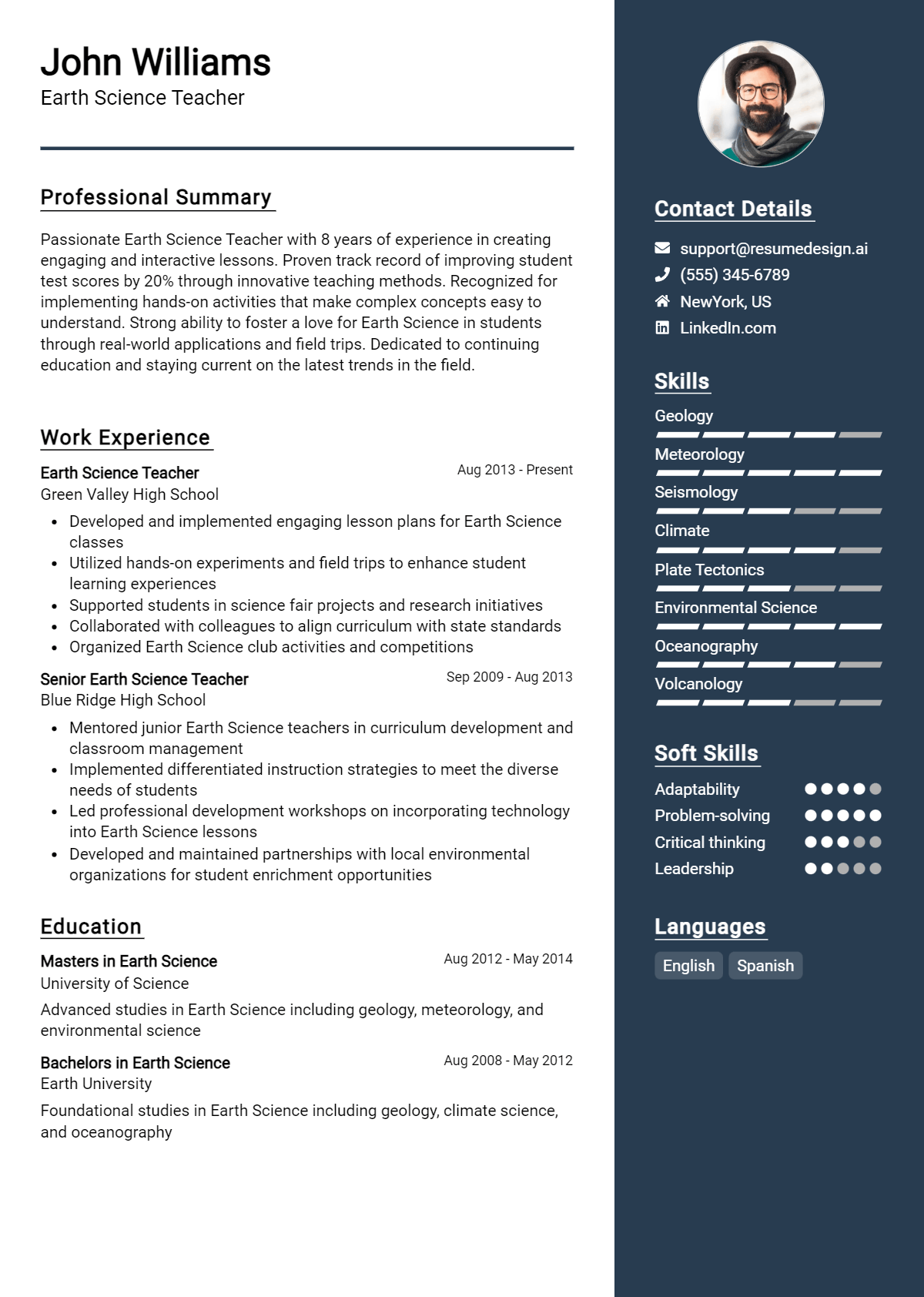 Earth Science Teacher Resume Example