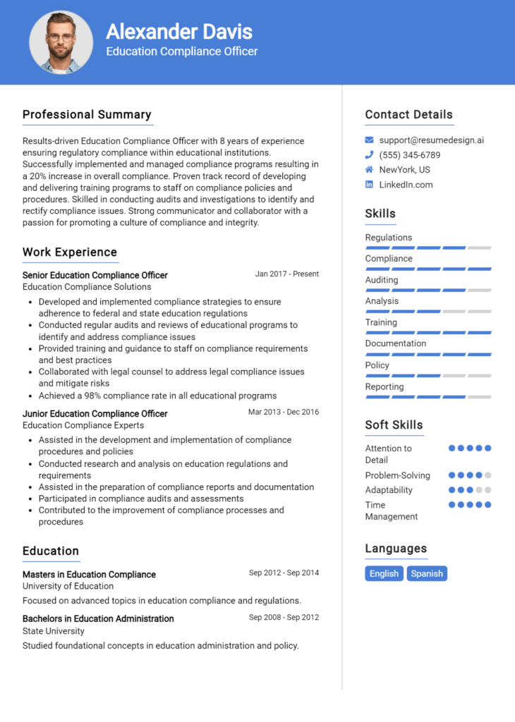 Education Compliance Officer Resume Example