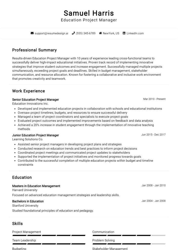 Education Project Manager Resume Example