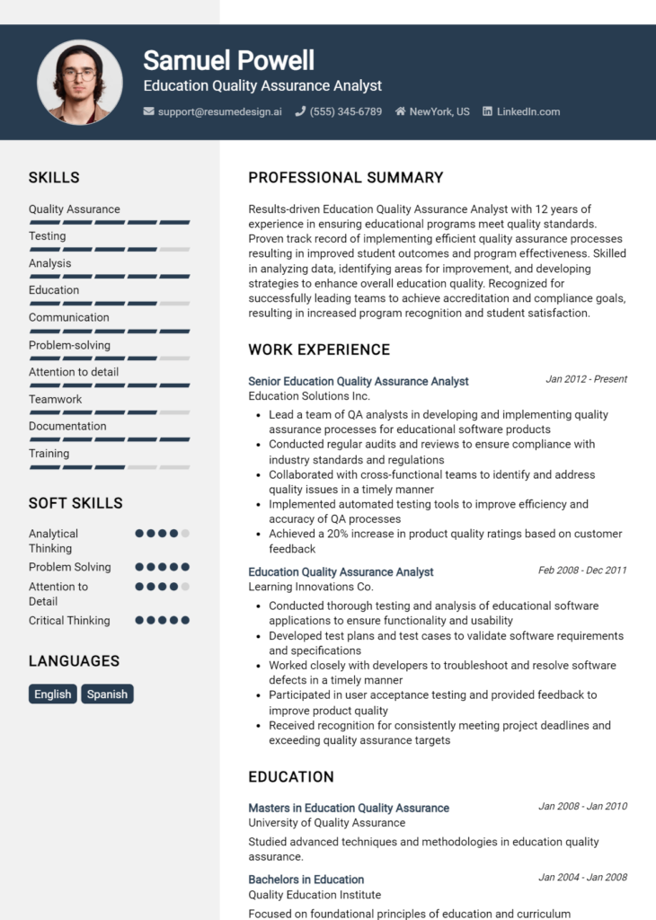 Education Quality Assurance Analyst Resume Example