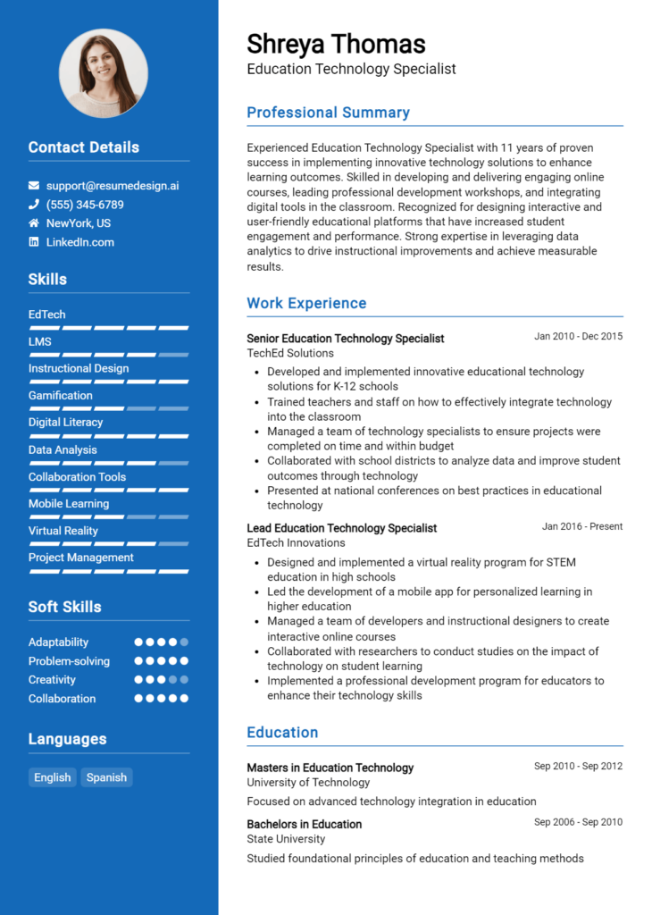 Education Technology Specialist Resume Example