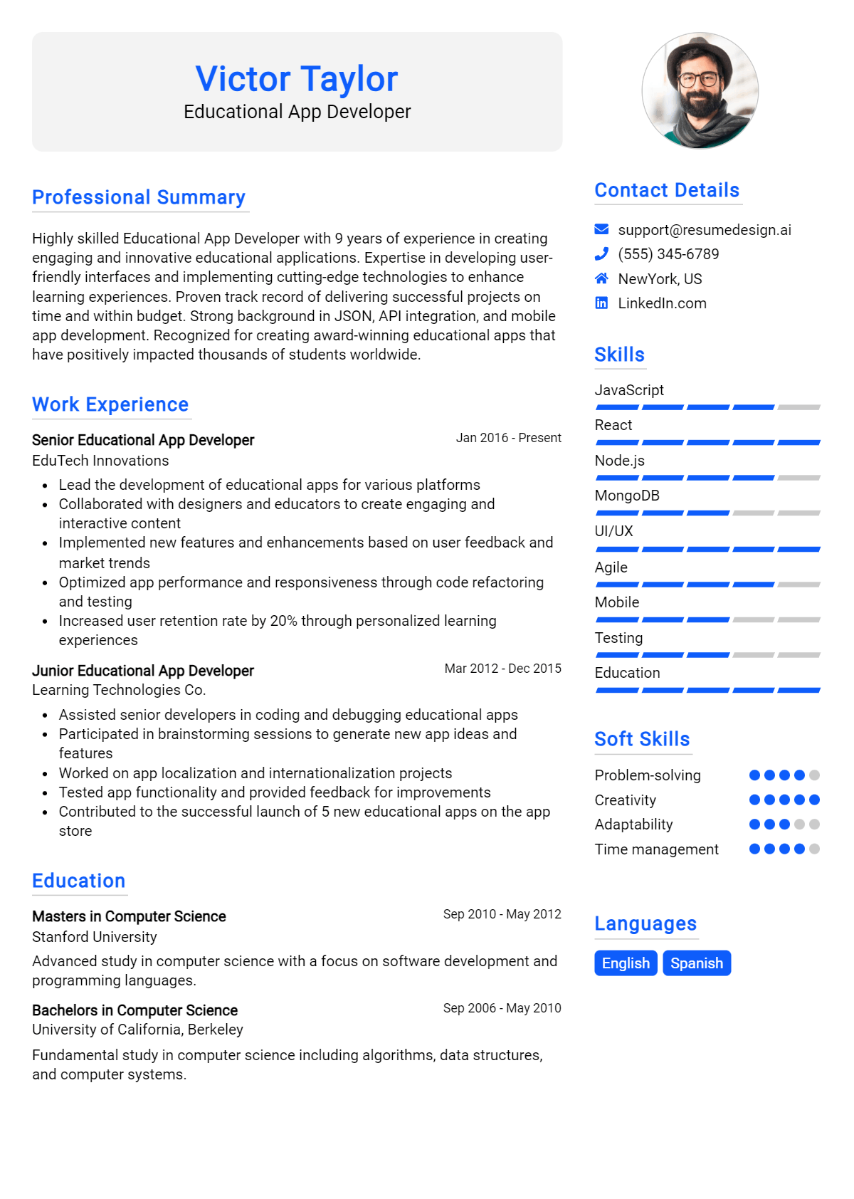 Educational App Developer Resume Example