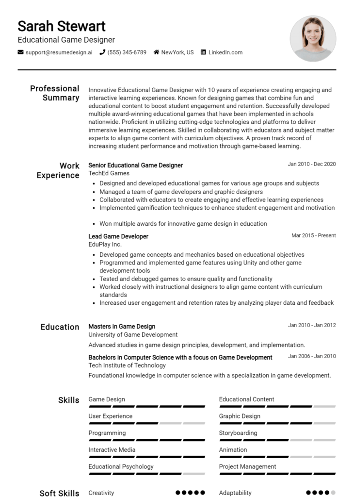 Educational Game Designer Resume Example