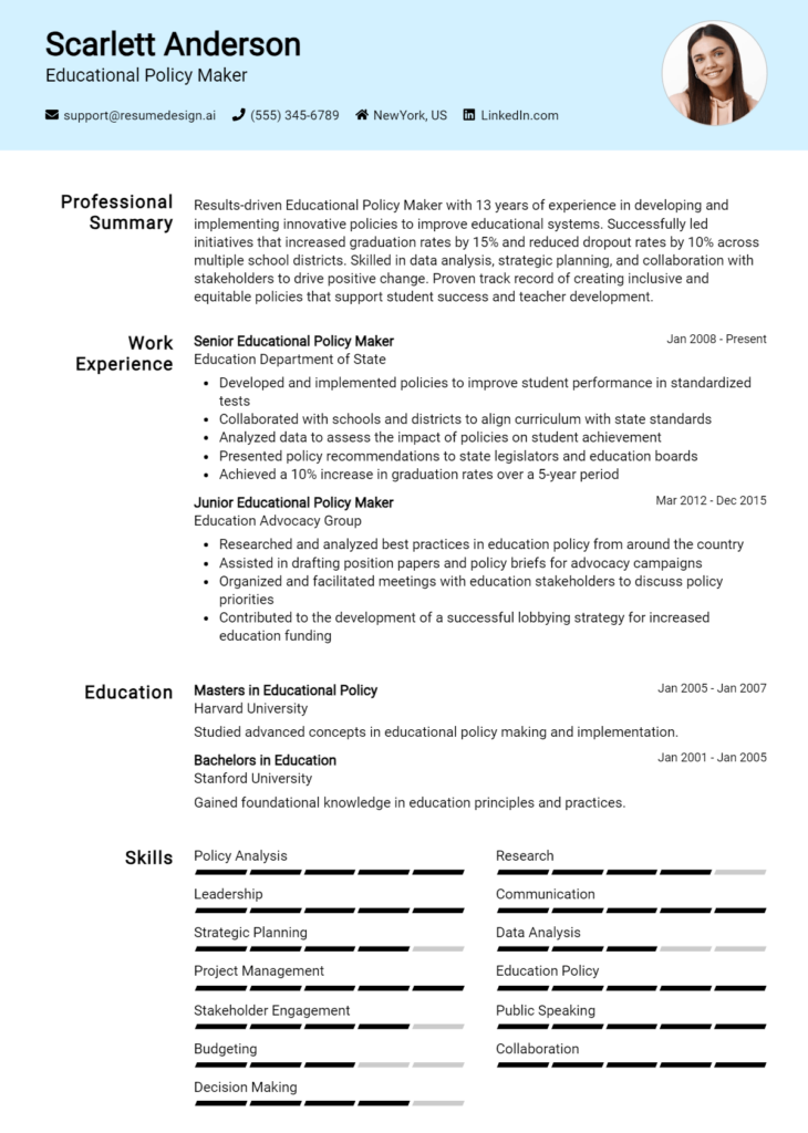 Educational Policy Maker Resume Example