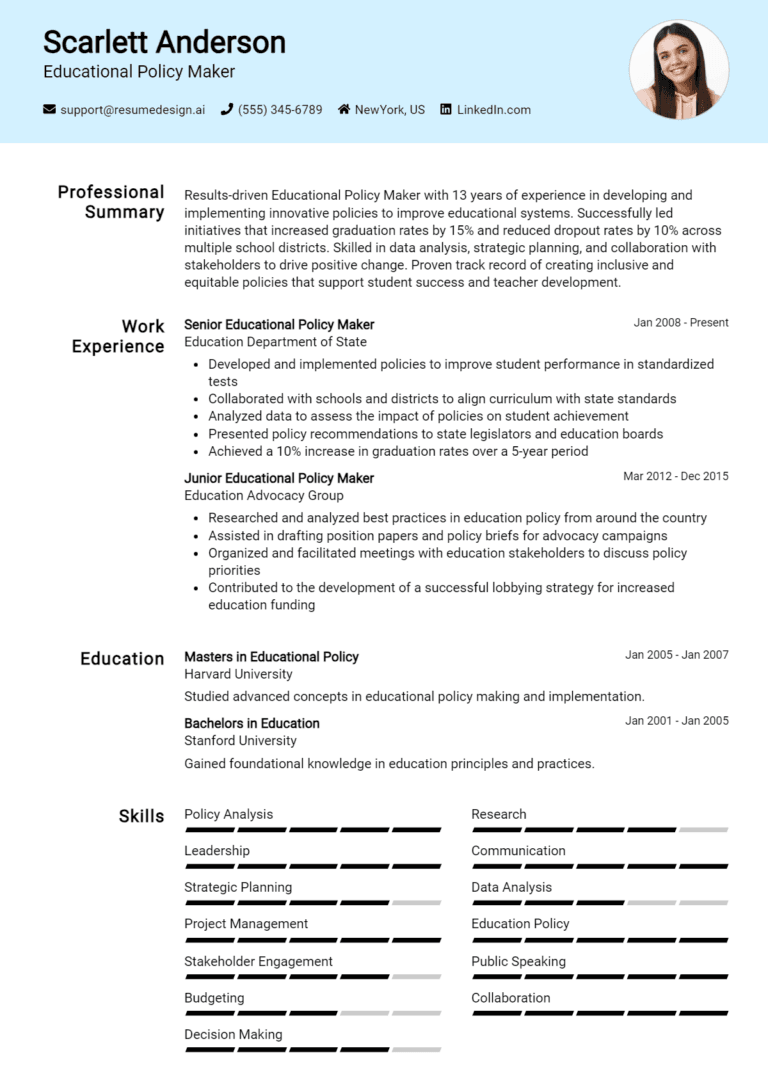 15 Educational Policy Maker Resume Examples And Templates for 2025