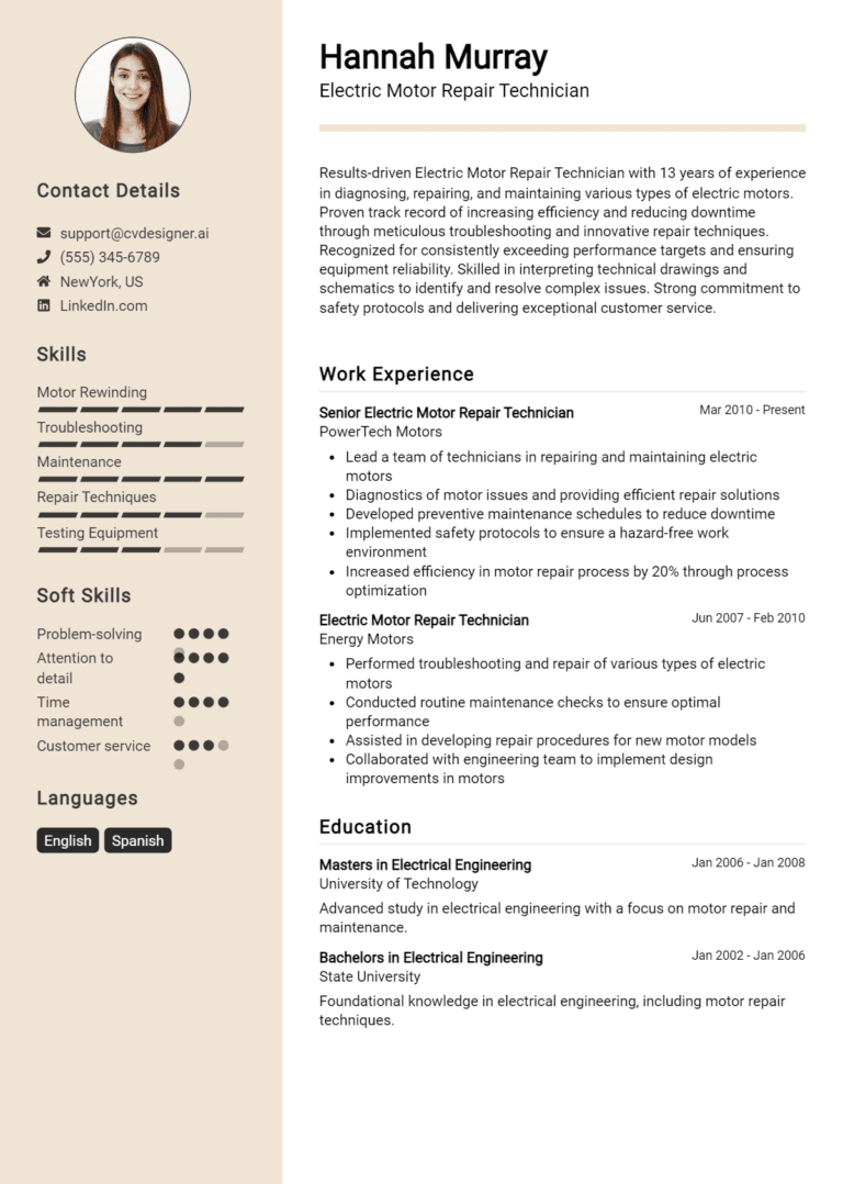 14 Electric Motor Repair Technician Resume Examples And Templates for 2025