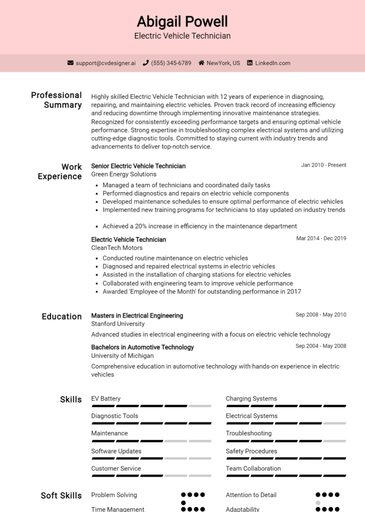 Electric Vehicle Technician Resume Example