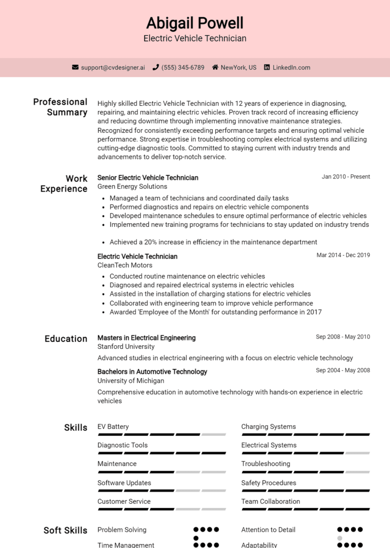 23 Electric Vehicle Technician Resume Examples And Templates for 2025