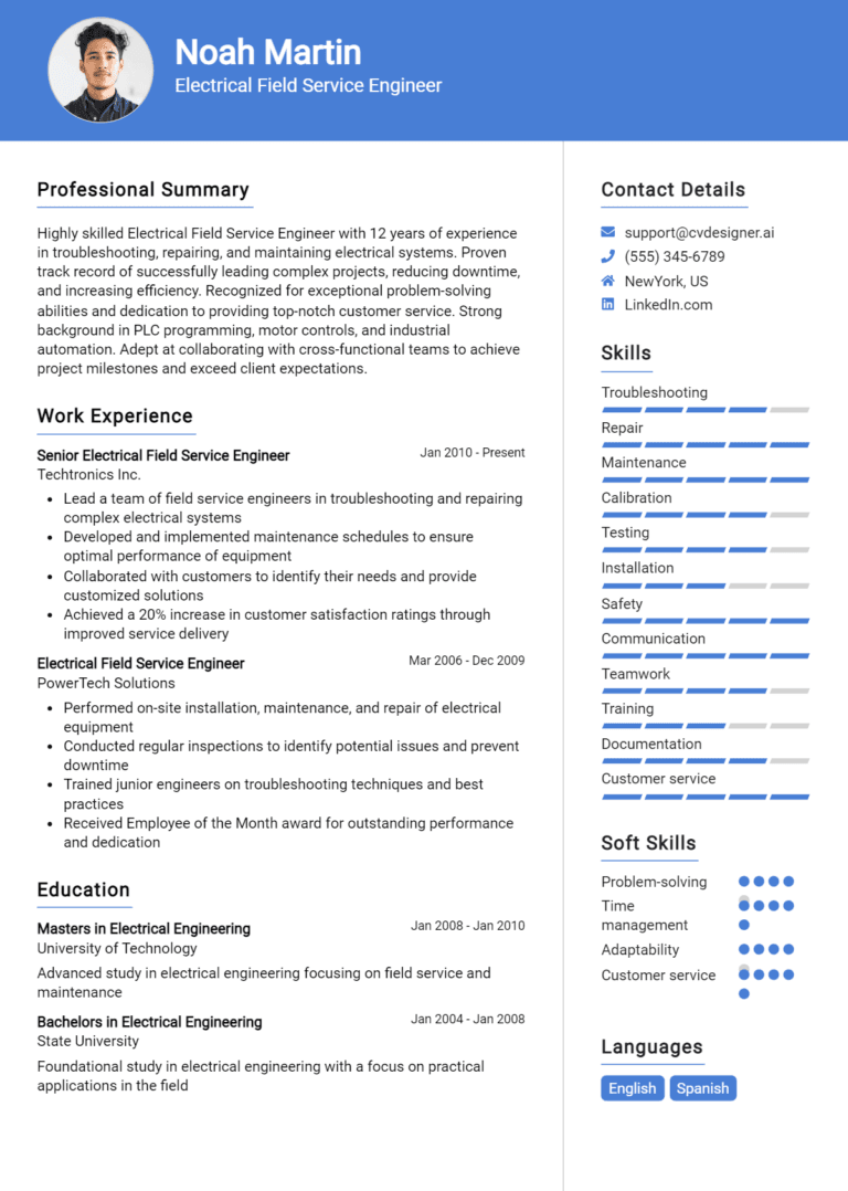 14 Electrical Field Service Engineer Resume Examples And Templates for 2025 (Downloadable)