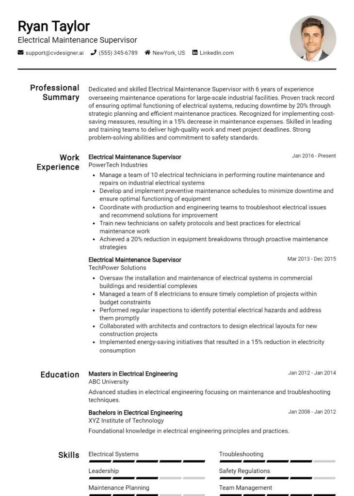 Electrical Maintenance Supervisor Resume Example
