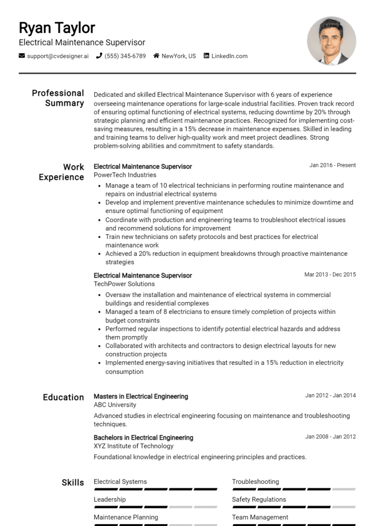 14 Electrical Maintenance Supervisor Resume Examples And Templates for 2025 (Downloadable)