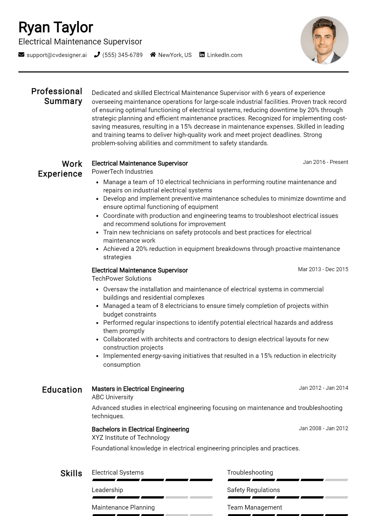 Electrical Maintenance Supervisor Resume Example