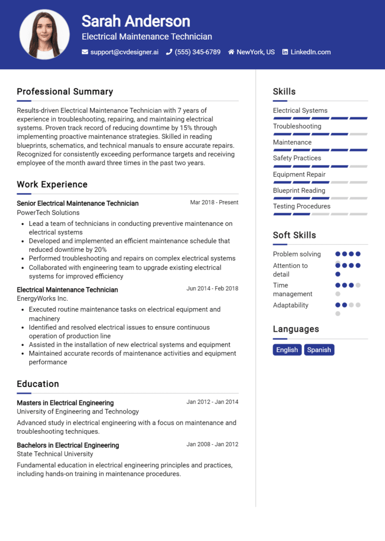14 Electrical Maintenance Technician Resume Examples And Templates for 2025