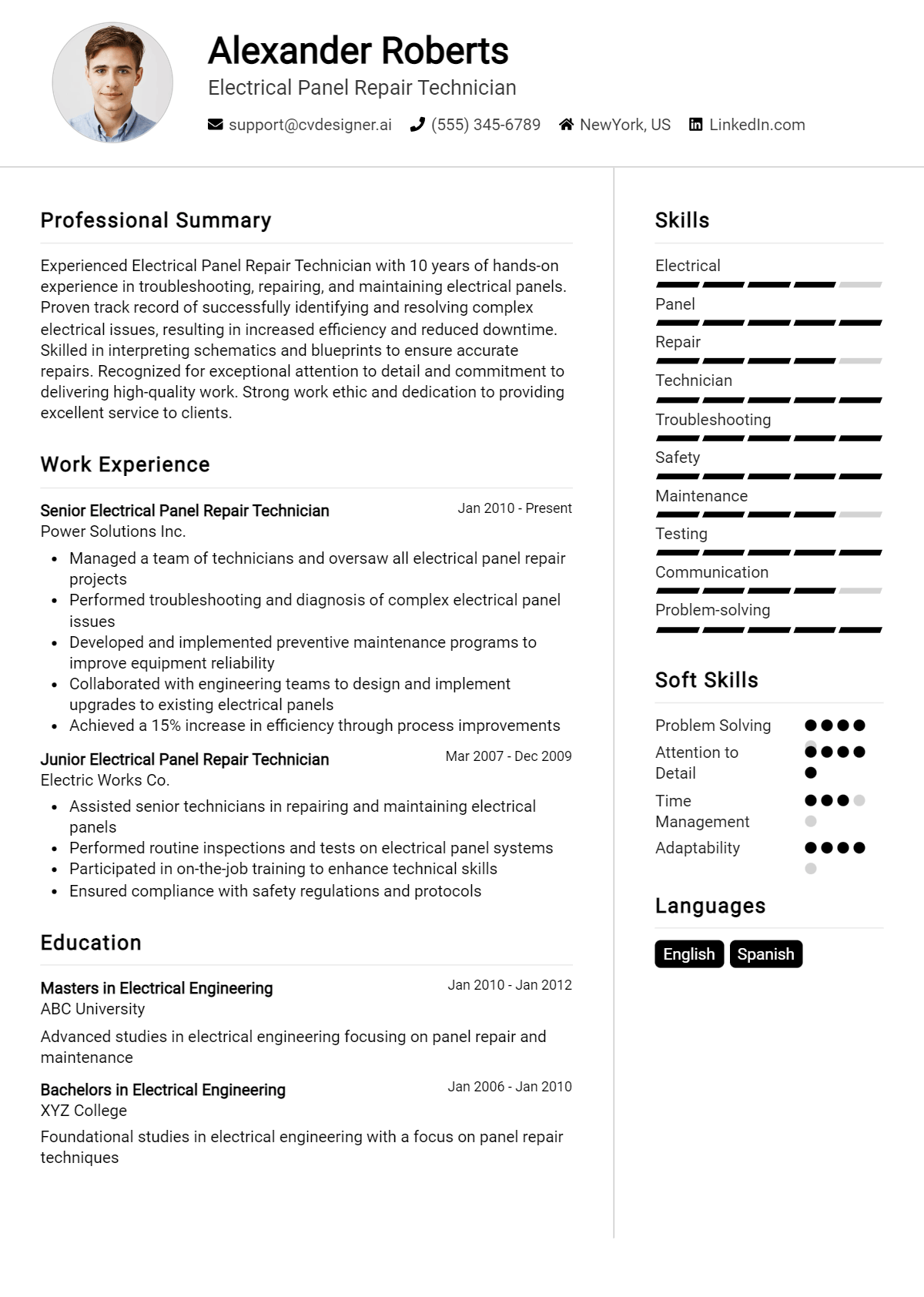 Electrical Panel Repair Technician Resume Example