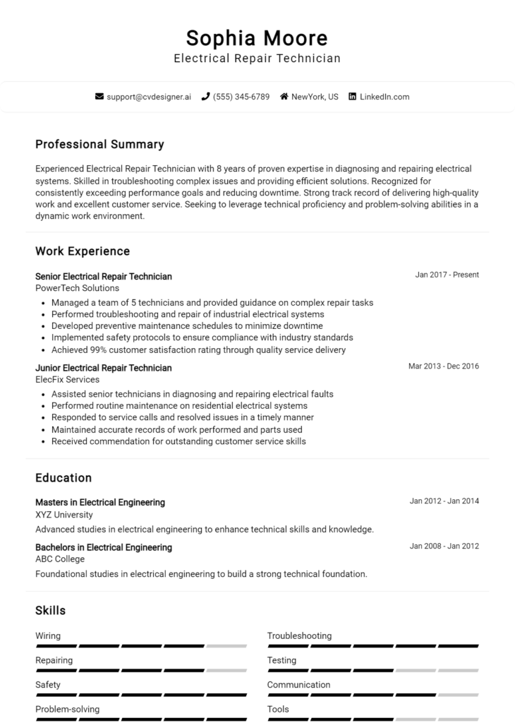 Electrical Repair Technician Resume Example