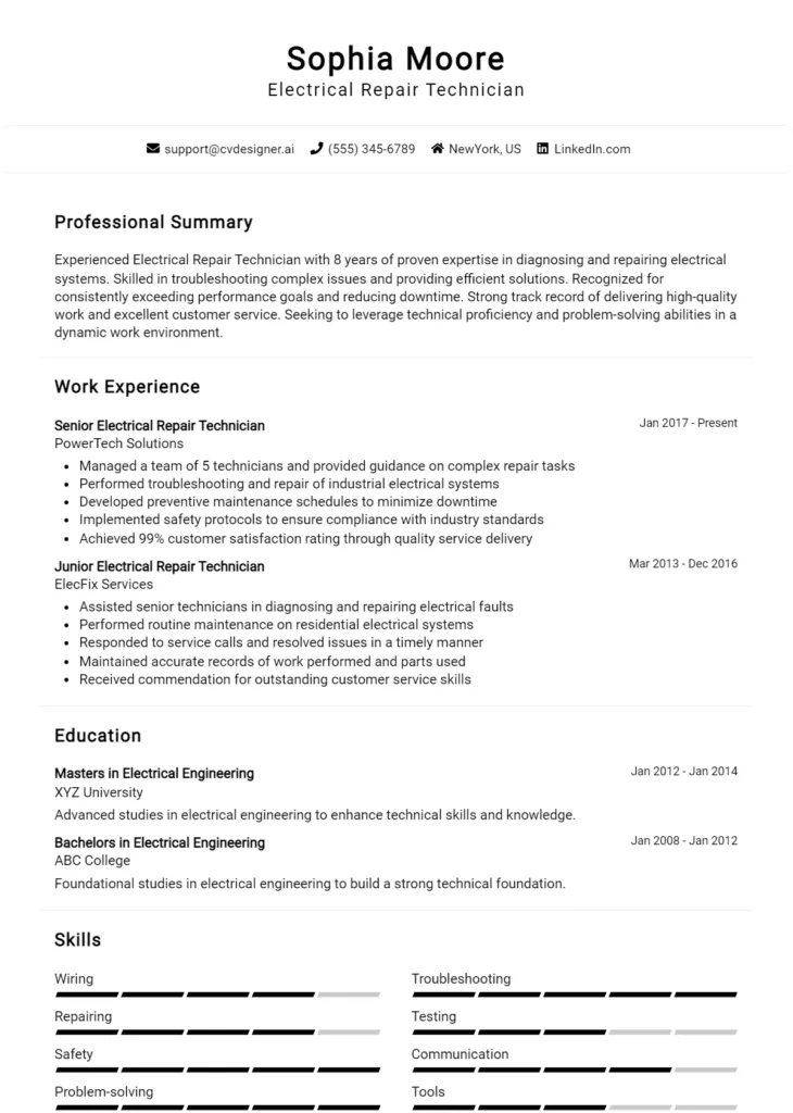 Electrical Repair Technician Resume Example