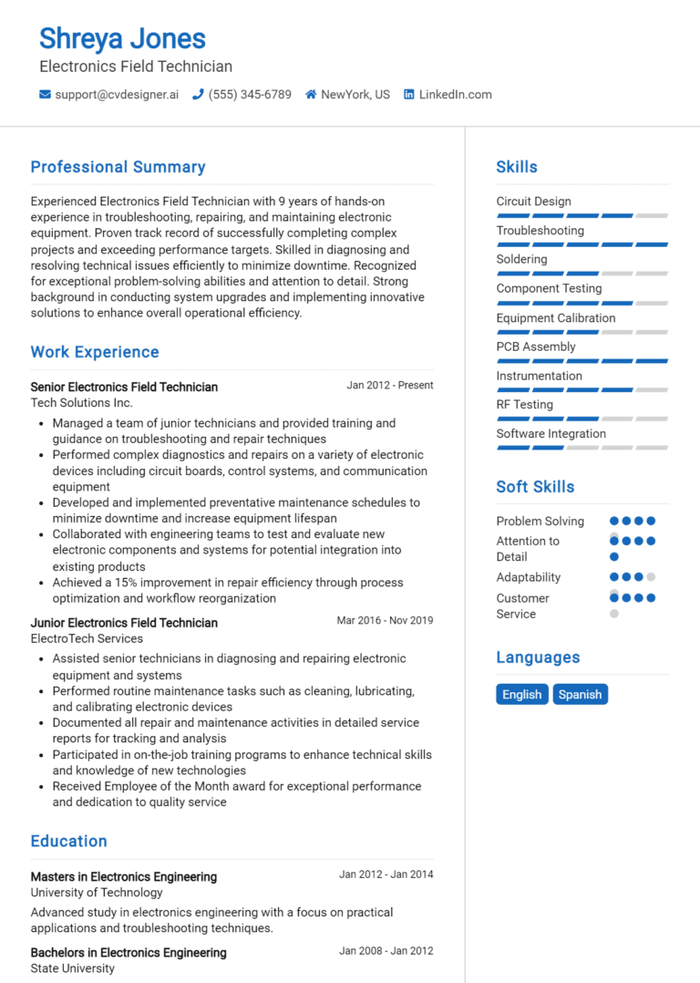 15 Electronics Field Technician Resume Examples And Templates for 2025
