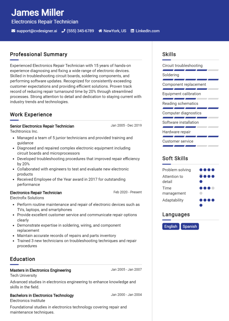 Electronics Repair Technician Resume Example