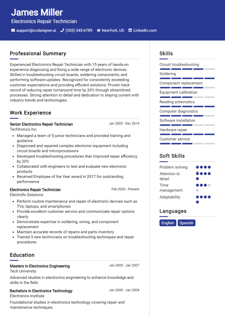 15 Electronics Repair Technician Resume Examples And Templates for 2025