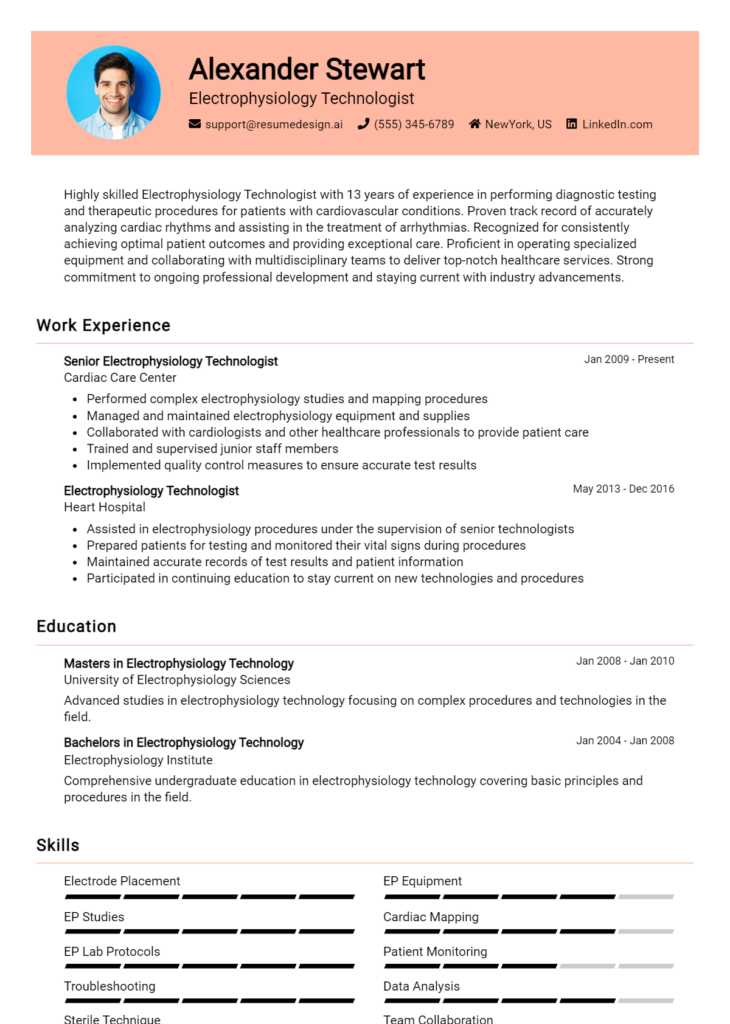 Electrophysiology Technologist Resume Example