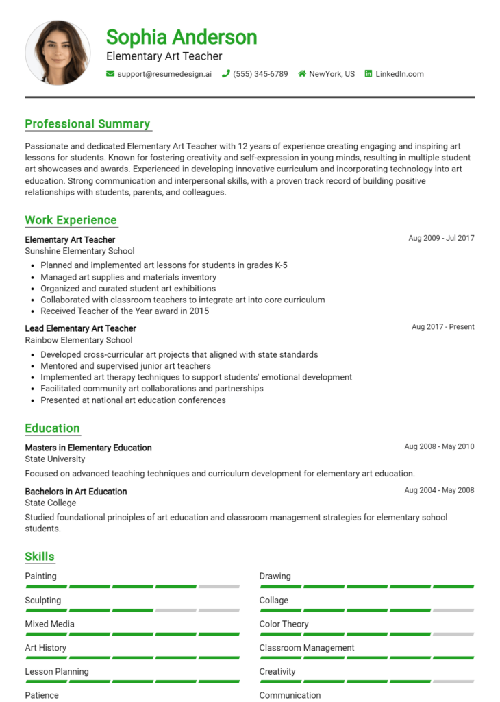 Elementary Art Teacher Resume Example